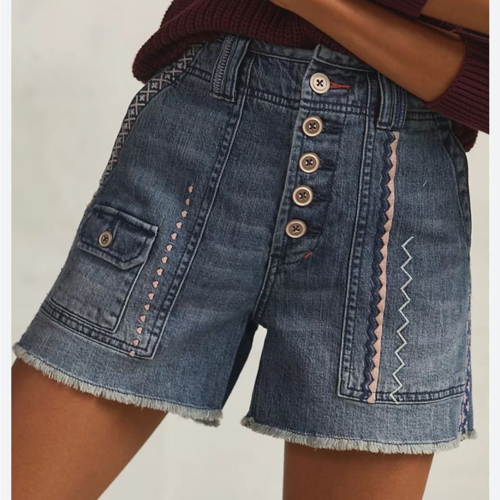 Denim Button-Front Embroidered Women’s Shorts - Blue - Picture 3 of 12